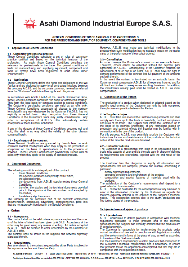 Conditions Générales de Vente version anglaise - Asahi Diamond Industrial Europe