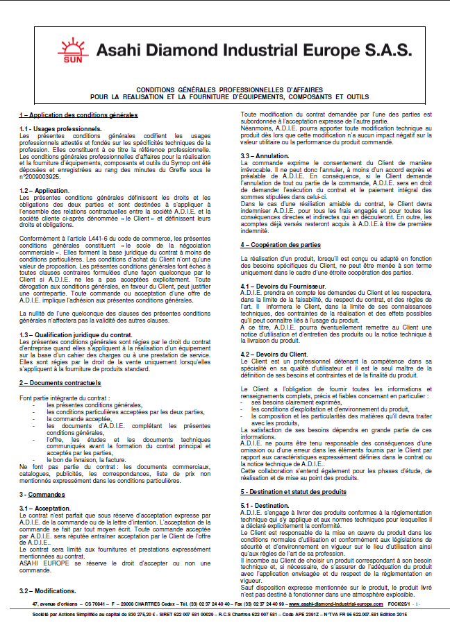 Conditions Générales de Vente version française - Asahi Diamond Industrial Europe