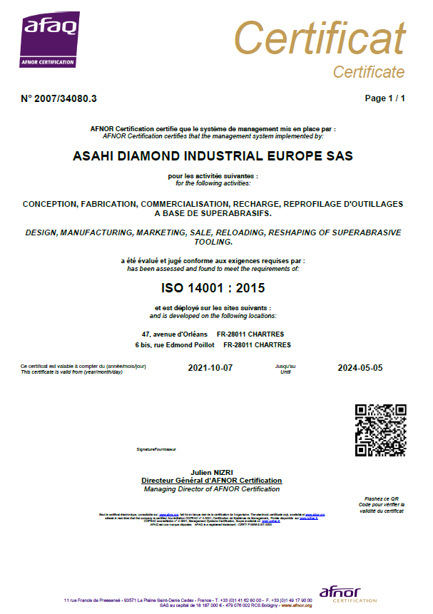 Iso 14001 - Asahi Diamond Industrial Europe conforme à la certification ISO 14001