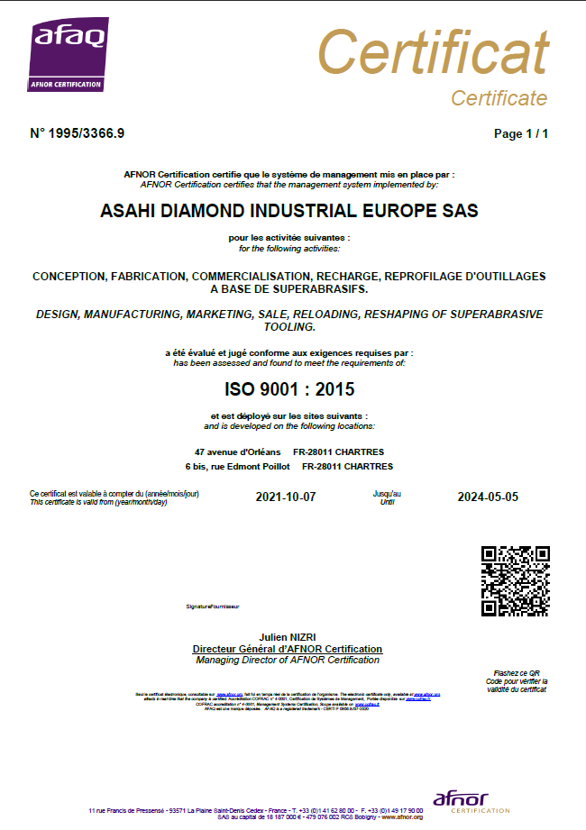 Iso 9001 - Asahi Diamond Industrial Europe conforme à la certification ISO 9001
